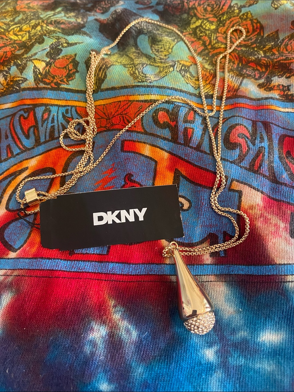 DKNY Gold Teardrop Pendant Necklace with Crystal Accent